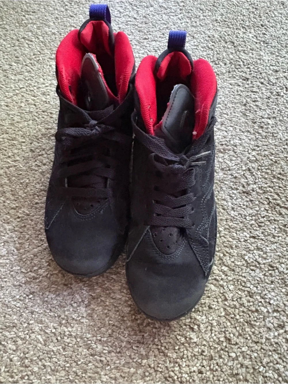 Jordan Kids Black Sneakers with Red Interior and Purple Heel Tabs